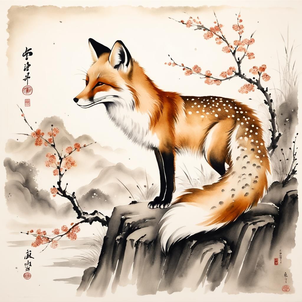 Fox in Korean Ink Wash Painting