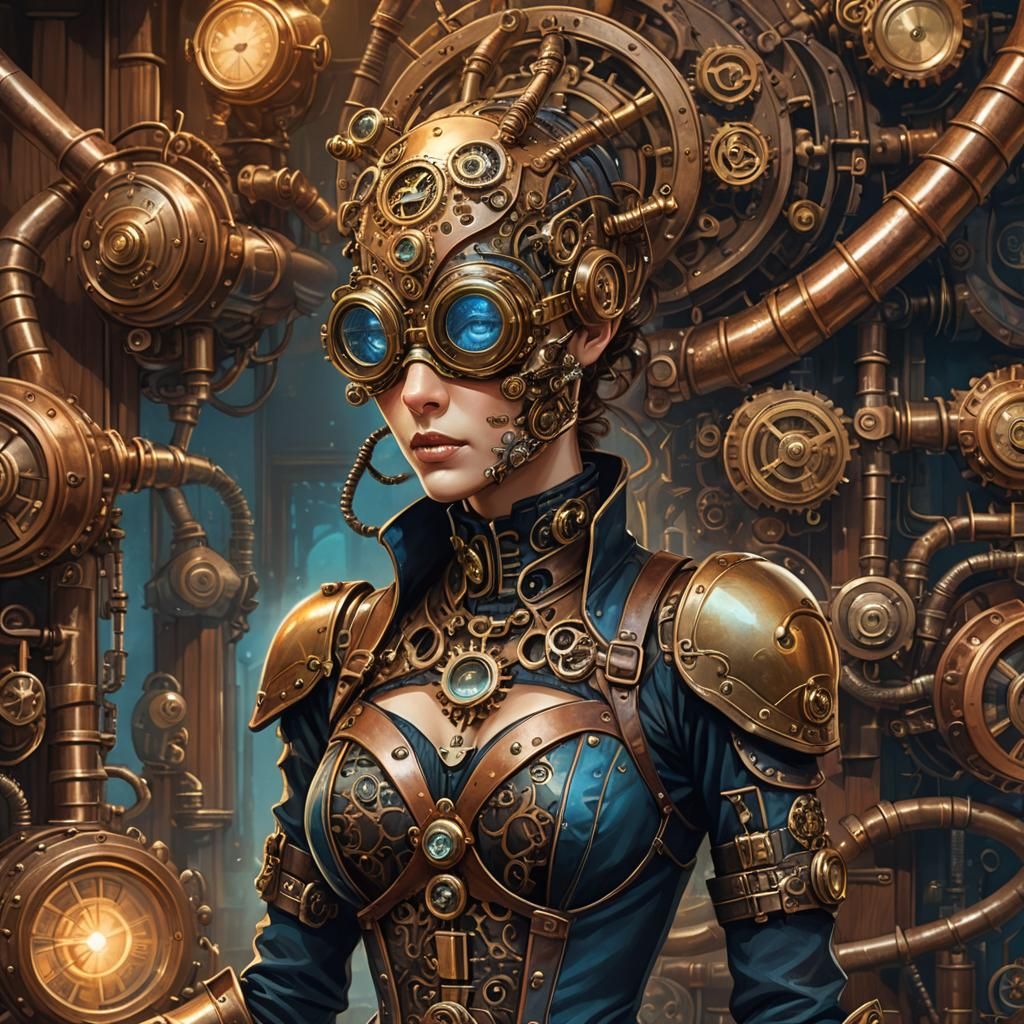 Steampunk Alien with Brass Goggles and Engine
