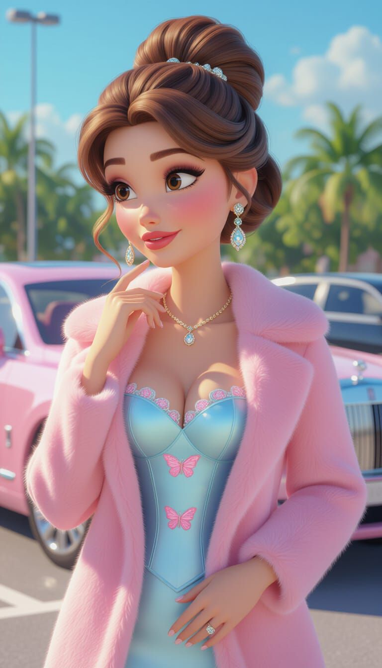 Glamorous Woman in 3D Cartoon Style with Pink Car