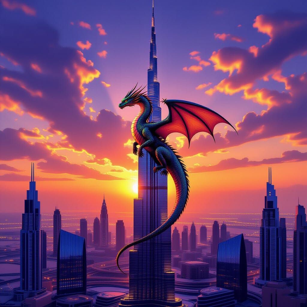 Dragon Perched on Burj Khalifa at Dubai Sunset