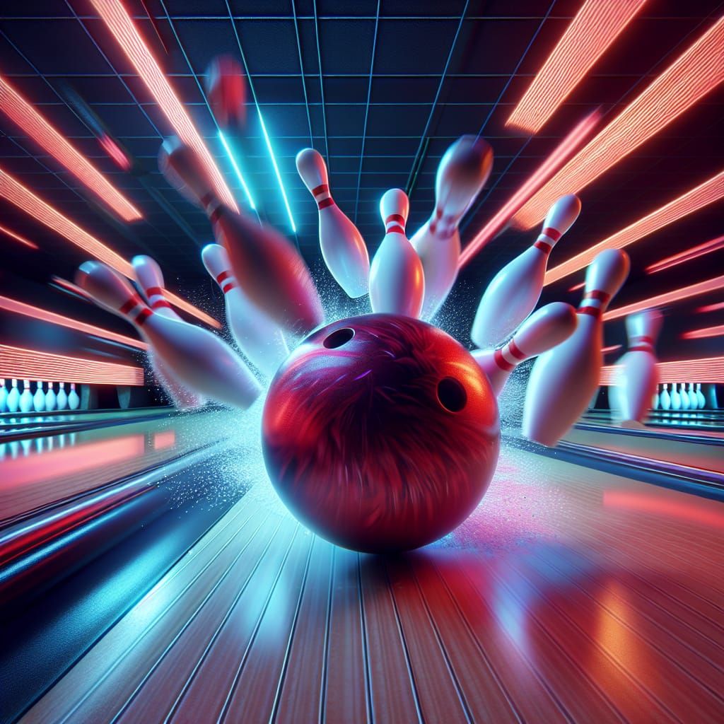 Hyper-Realistic Bowling Ball Strike in Neon Alley