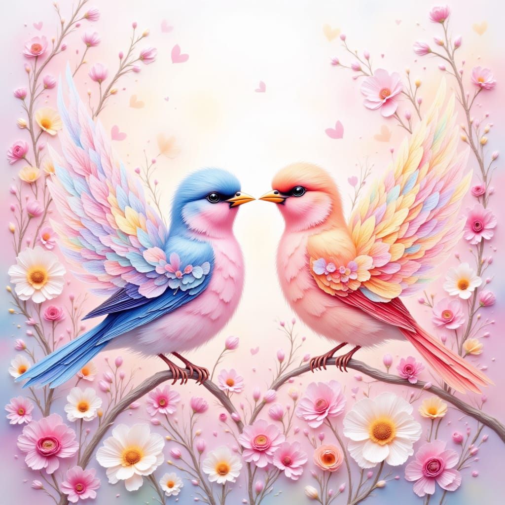 Pastel Lovebirds on Watercolor Background