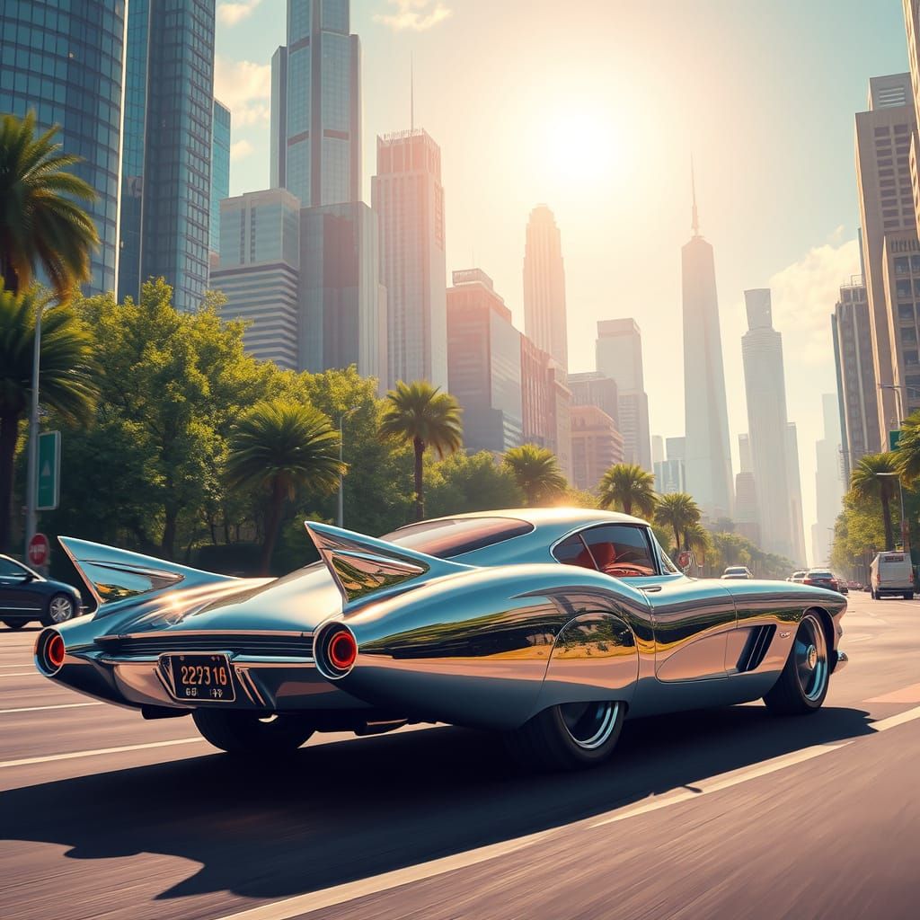 A sleek, retro-futuristic concept car glides effortlessly through the bustling streets of a utopian metropolis, its chro...