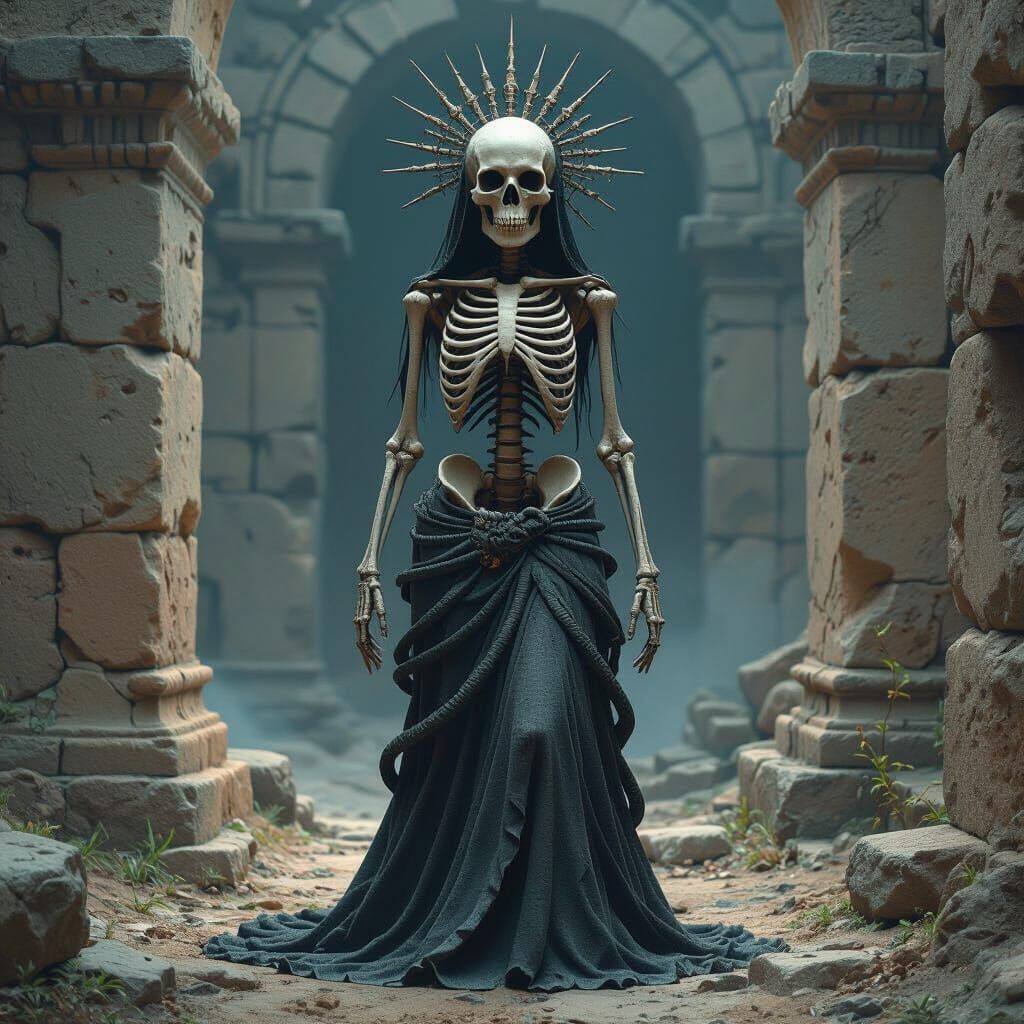 Skeletal Deity of Life and Death in Ancient Ruins