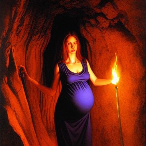 Pregnant Vampire in Cave, Oil Painting Style