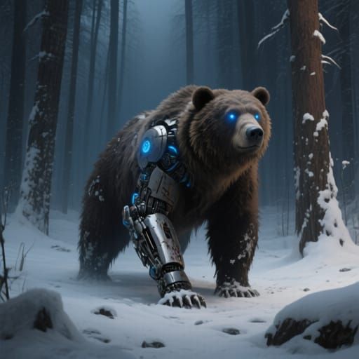 Cybernetic Grizzly Bear in Snowy Forest