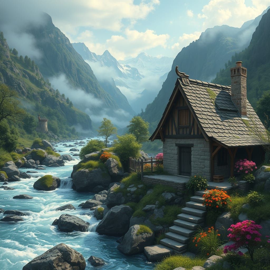 Whimsical Mountain Village with Quaint Hose