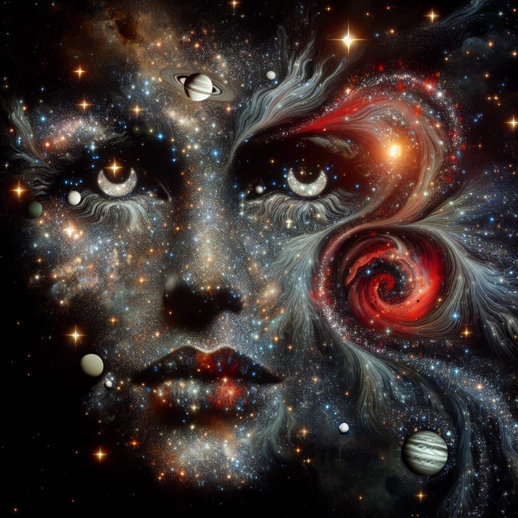 Celestial Woman's Face Formed from Stars and Planets