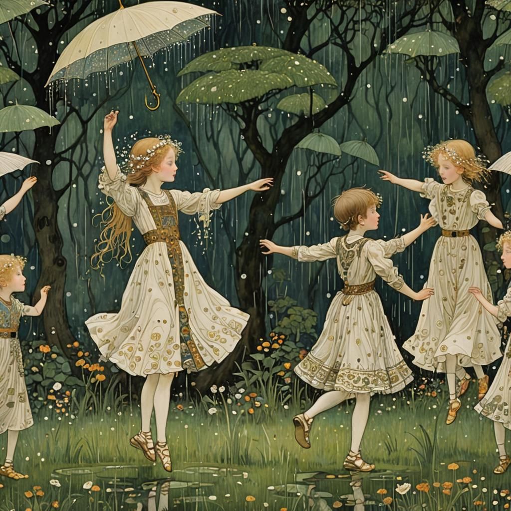 Children Dancing in Summer Rain: Art Nouveau Style