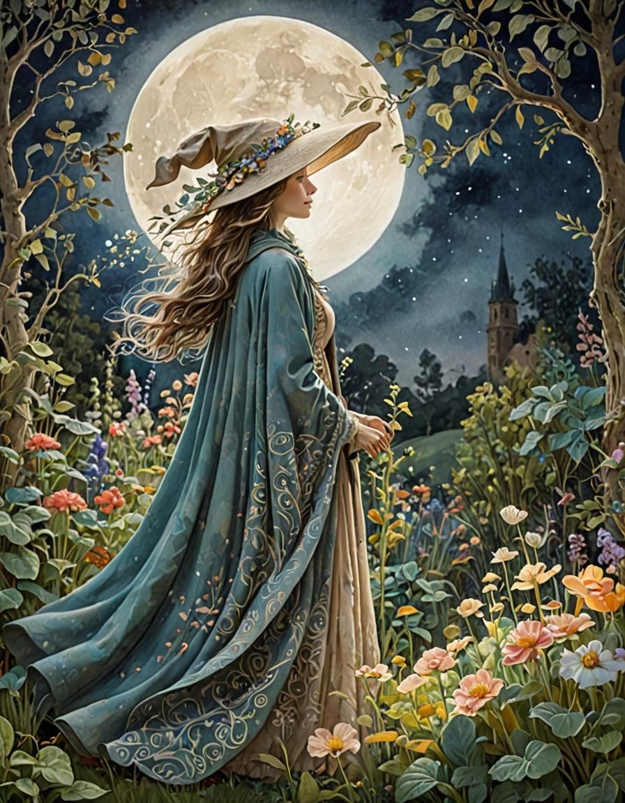 Whimsical Moonlight Gardener in Mixed Media Art