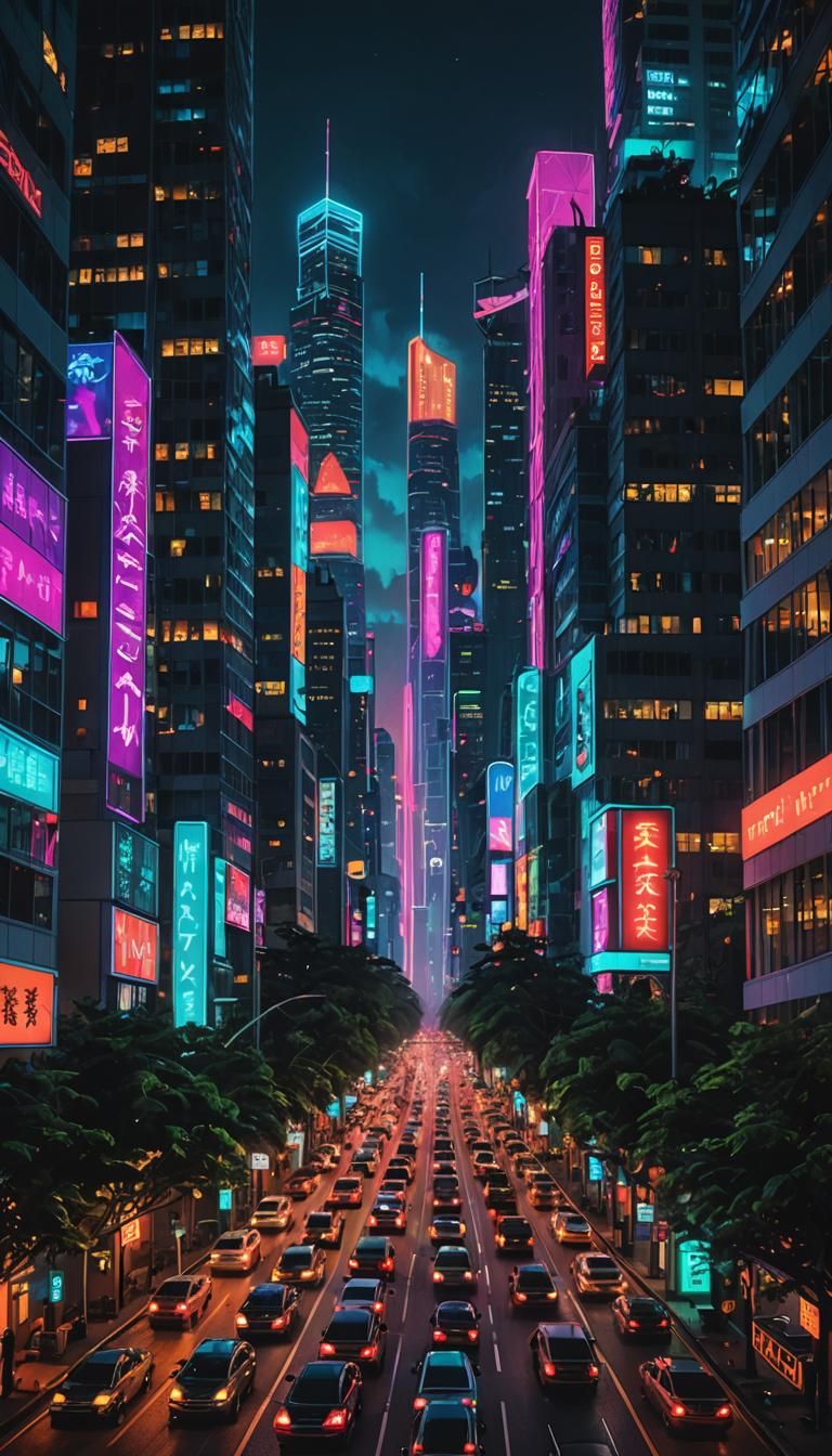 Neon Lit Skyscraper Forest Cityscape