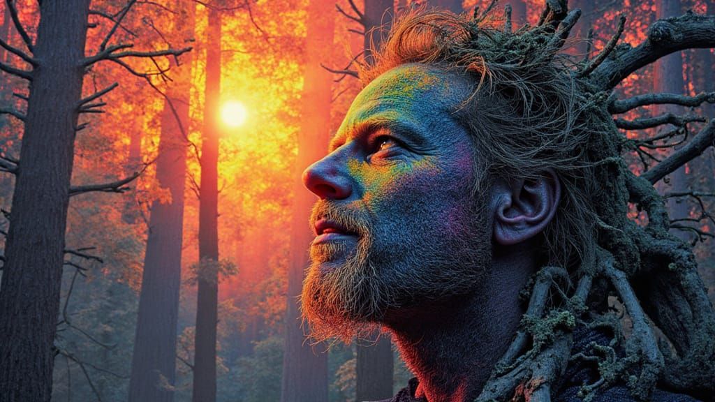 Fractal Man with Rainbow Moss and Roots