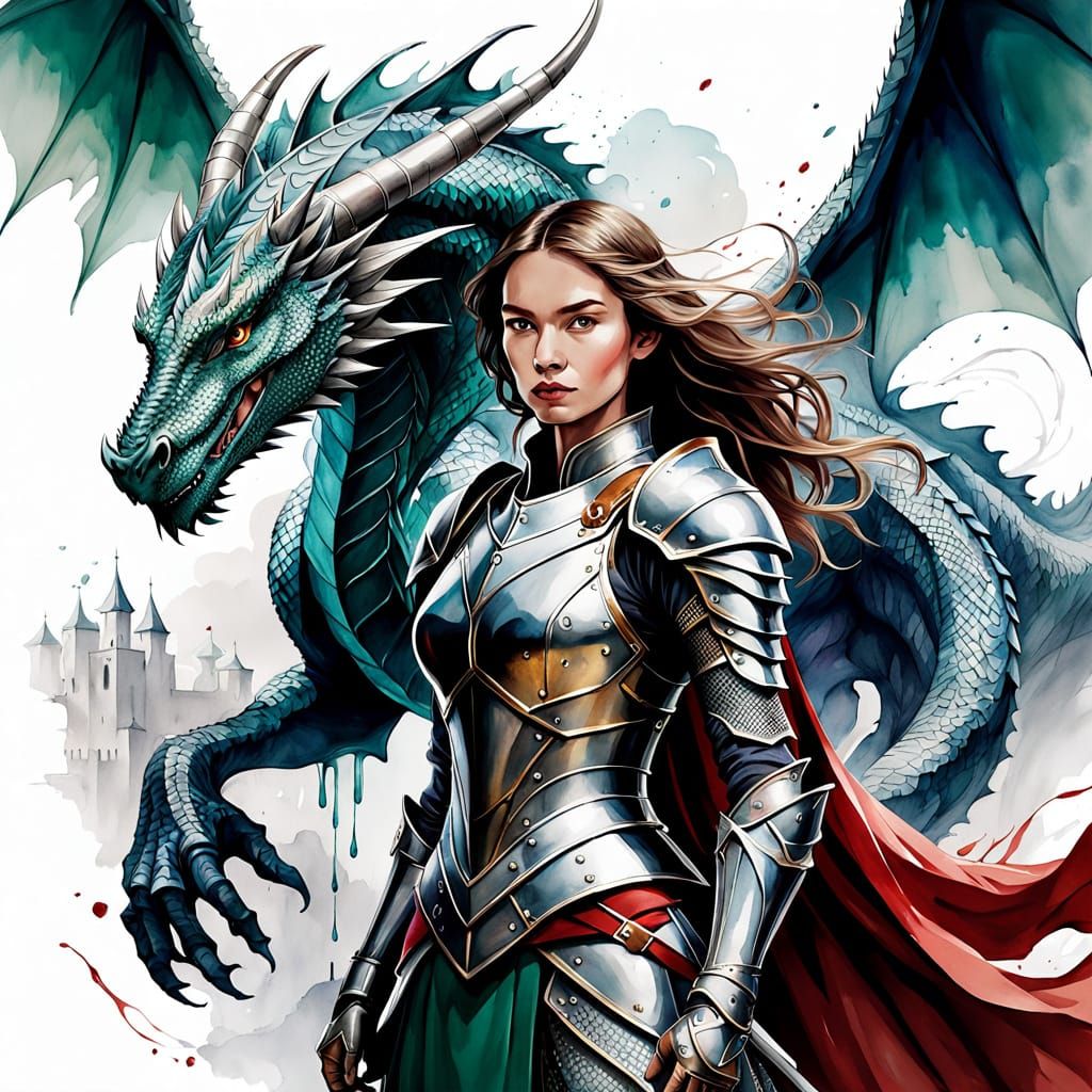 Dragon Knight: Watercolor and Line Art Fusion