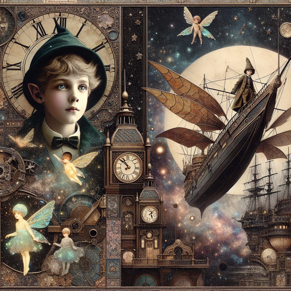 Steampunk Collage: Flying Boy, Clock Tower, and Starry Night