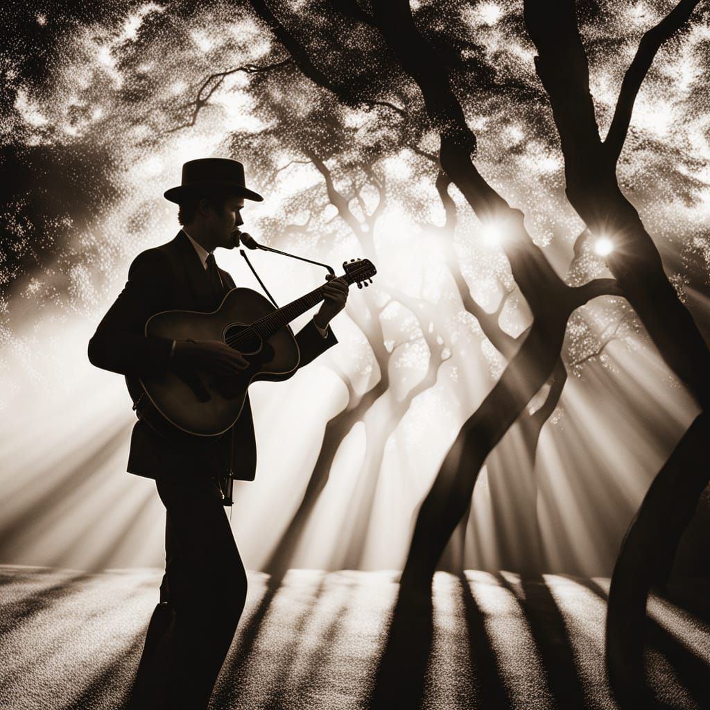 Moody Musician Under Curly Trees in High-Contrast Black and ...