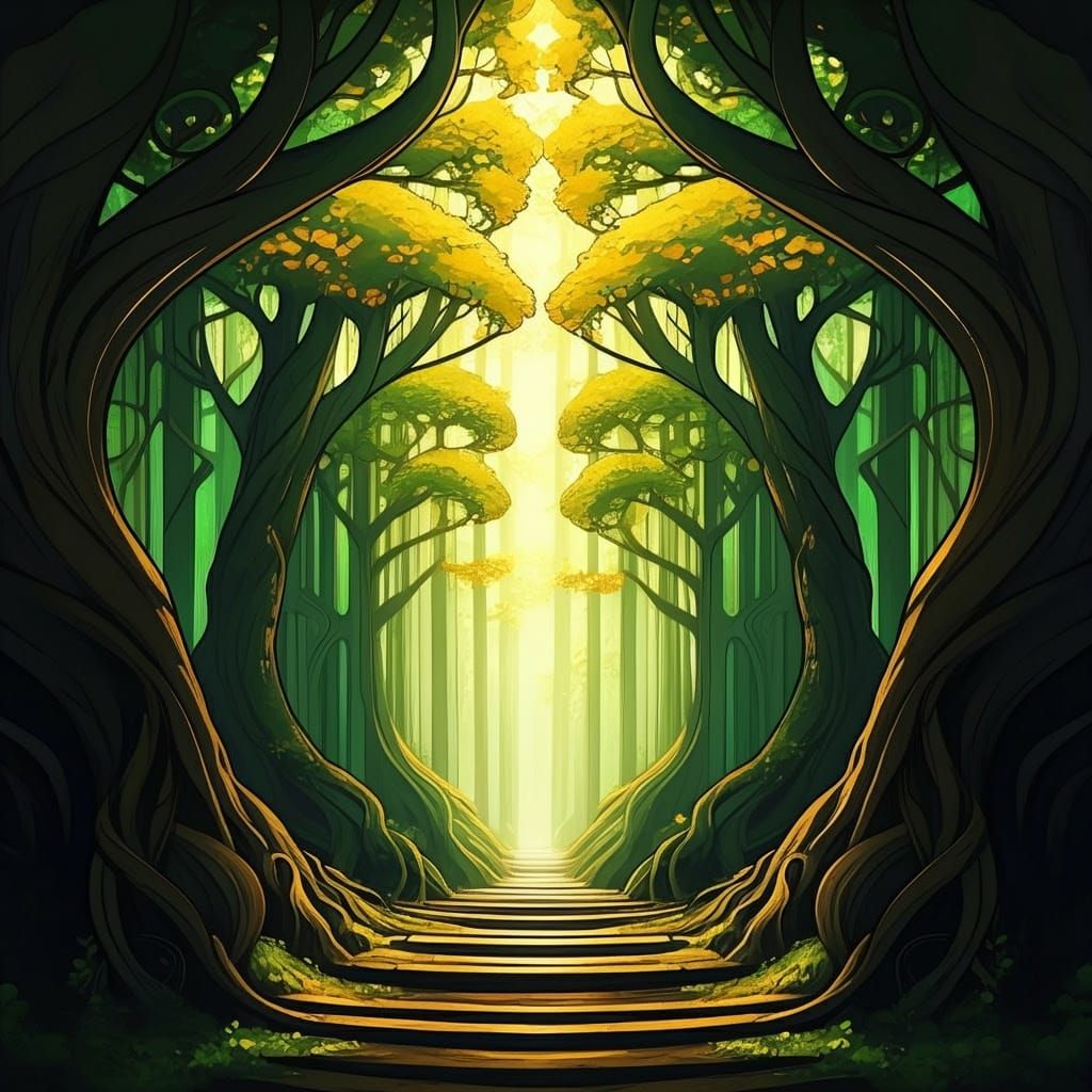 Ancient Forest Cathedral in Art Nouveau Style