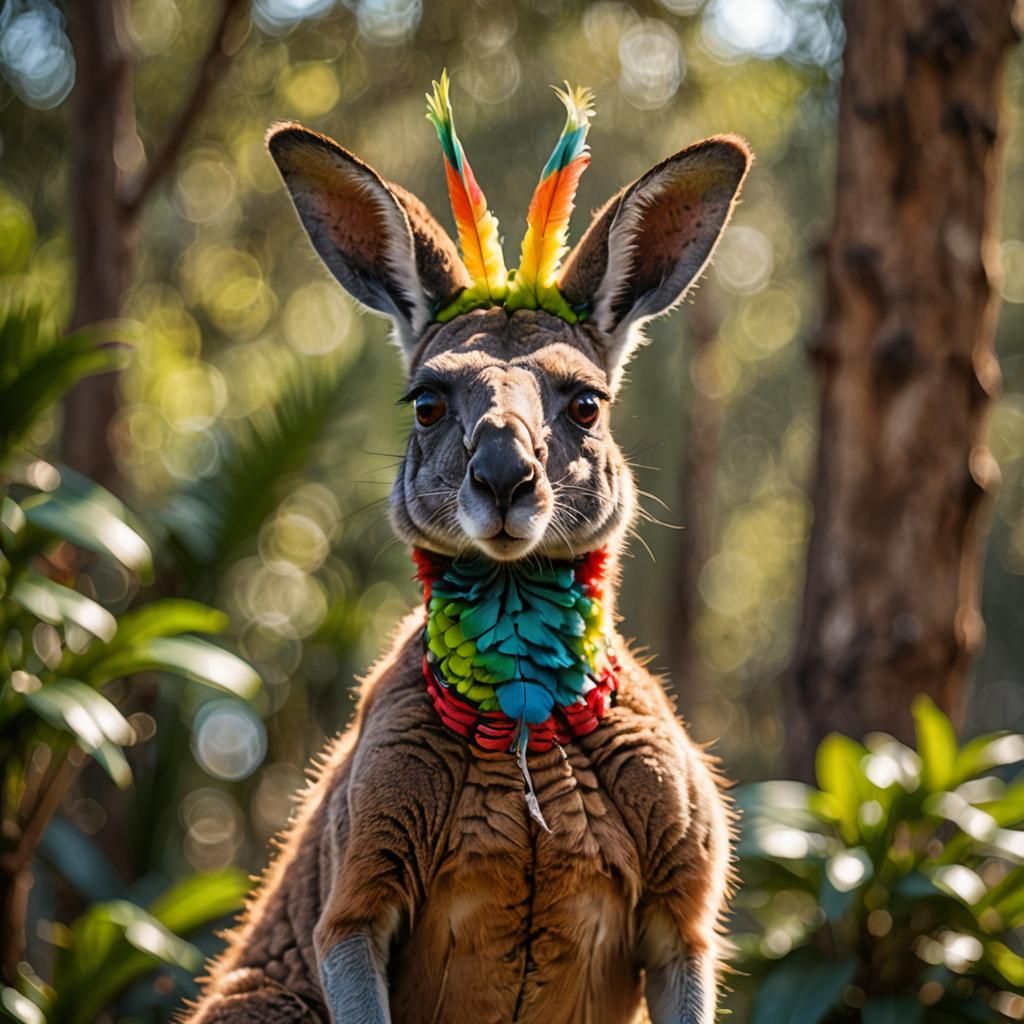 A kangaroo hybrid with parrot feathers and a parrot head