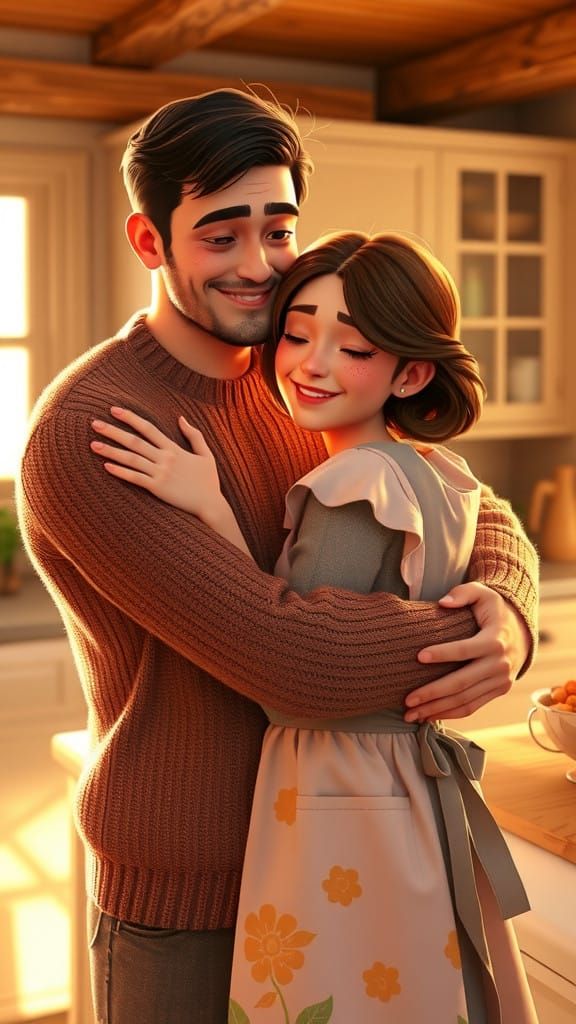 Whimsical Kitchen Embrace in Disney Pixar Style
