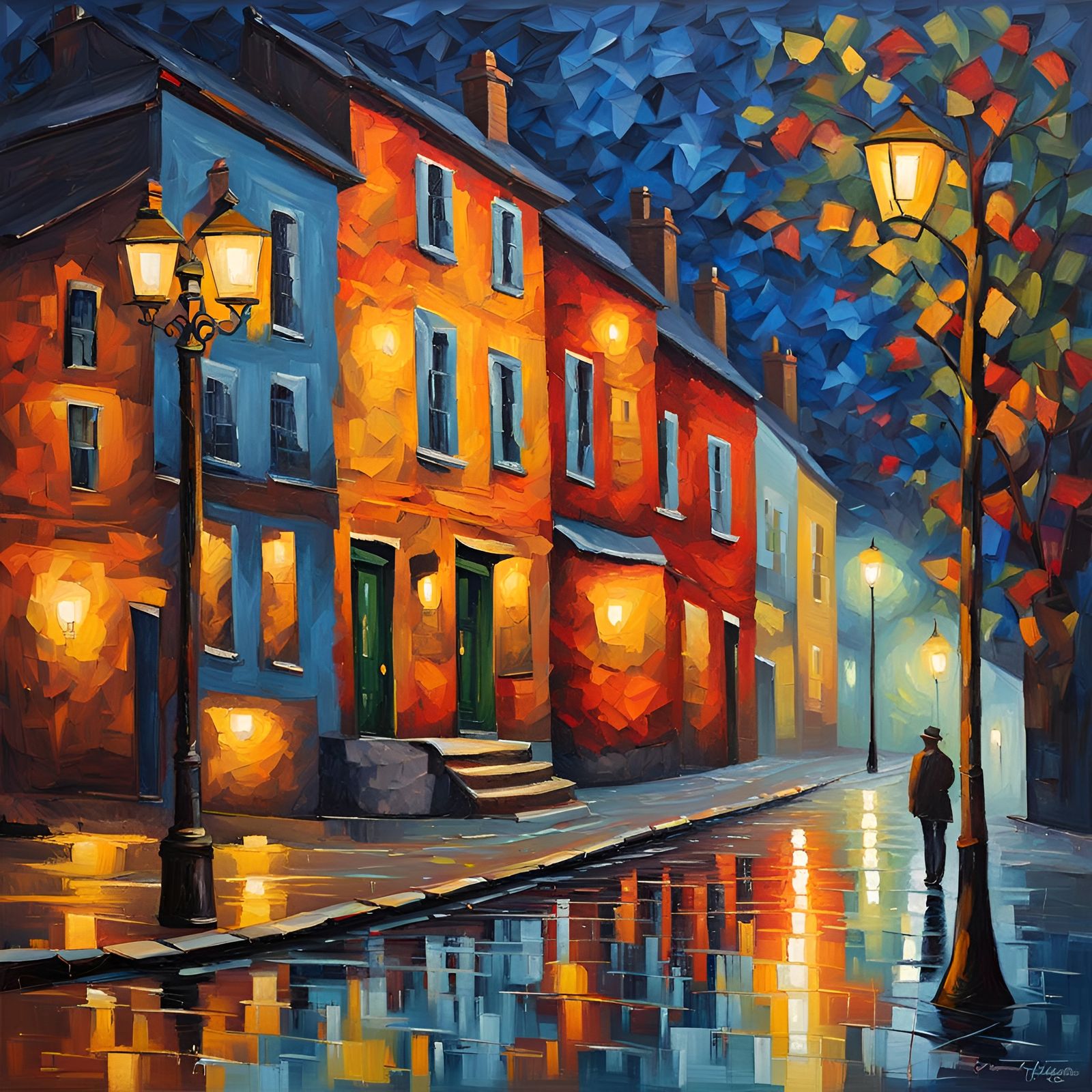 Night Street Scene in Expressionist Impasto Style