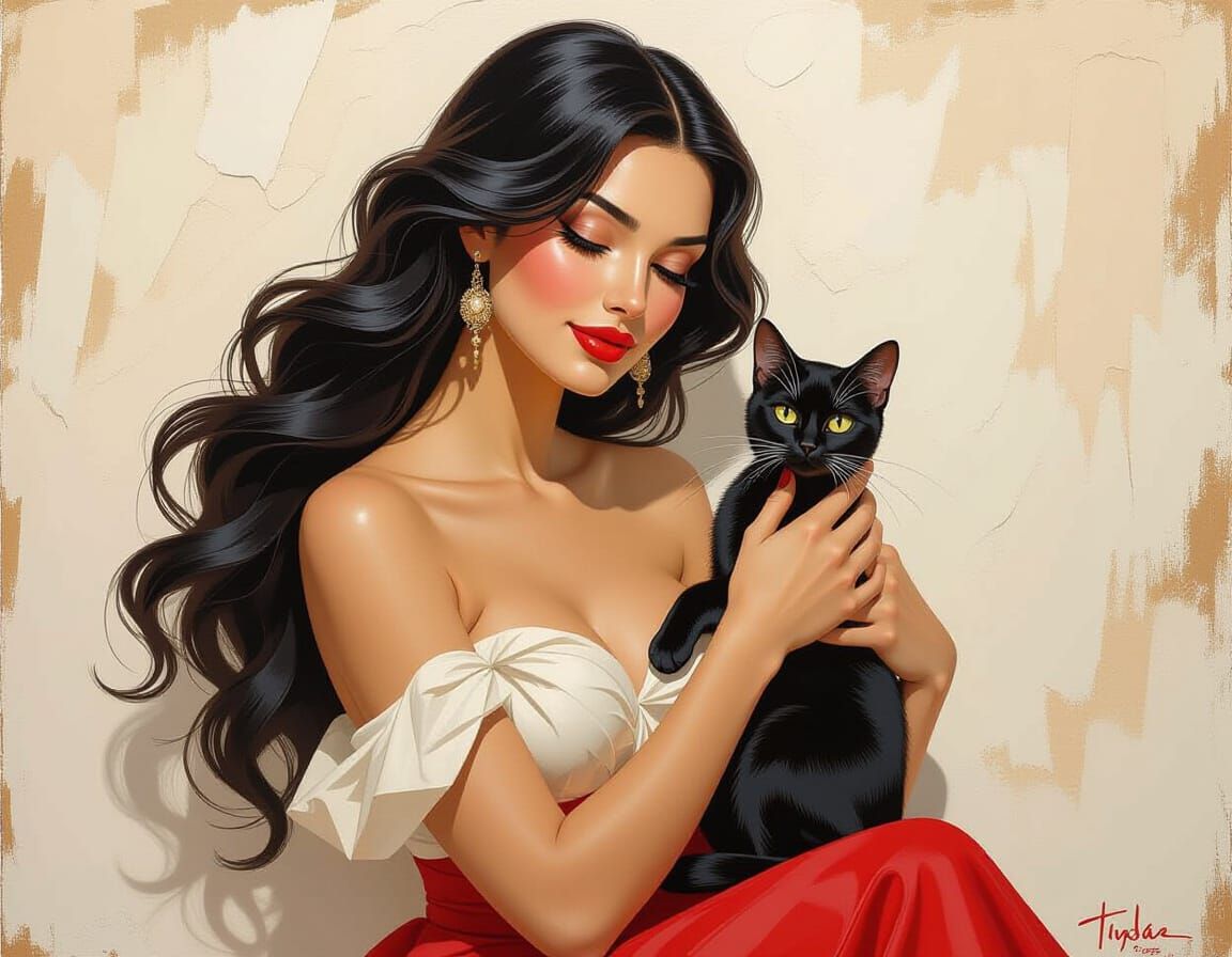 Mediterranean Goddess With Cat in Impasto Style