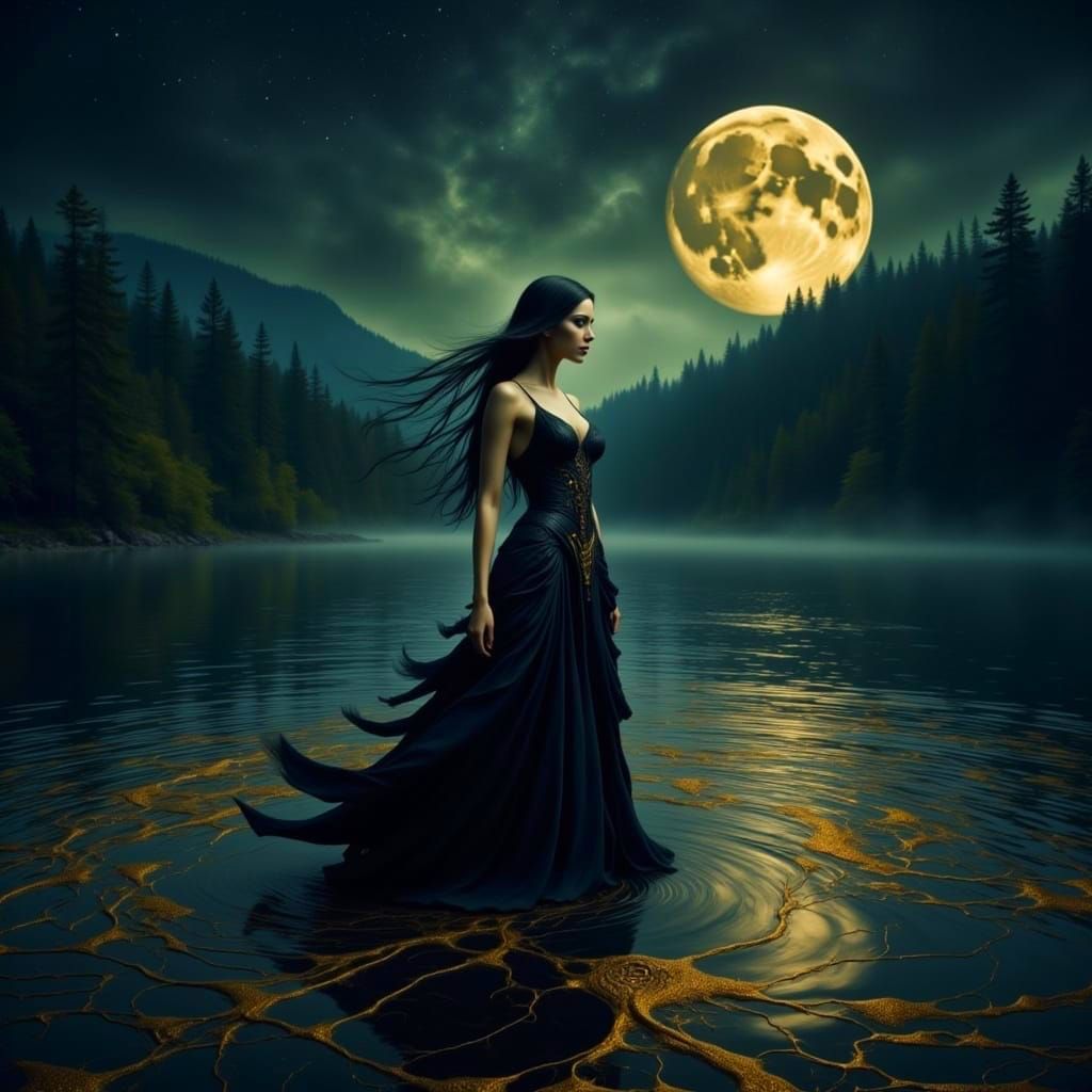 Gothic Woman at the Edge of a Dark Lake