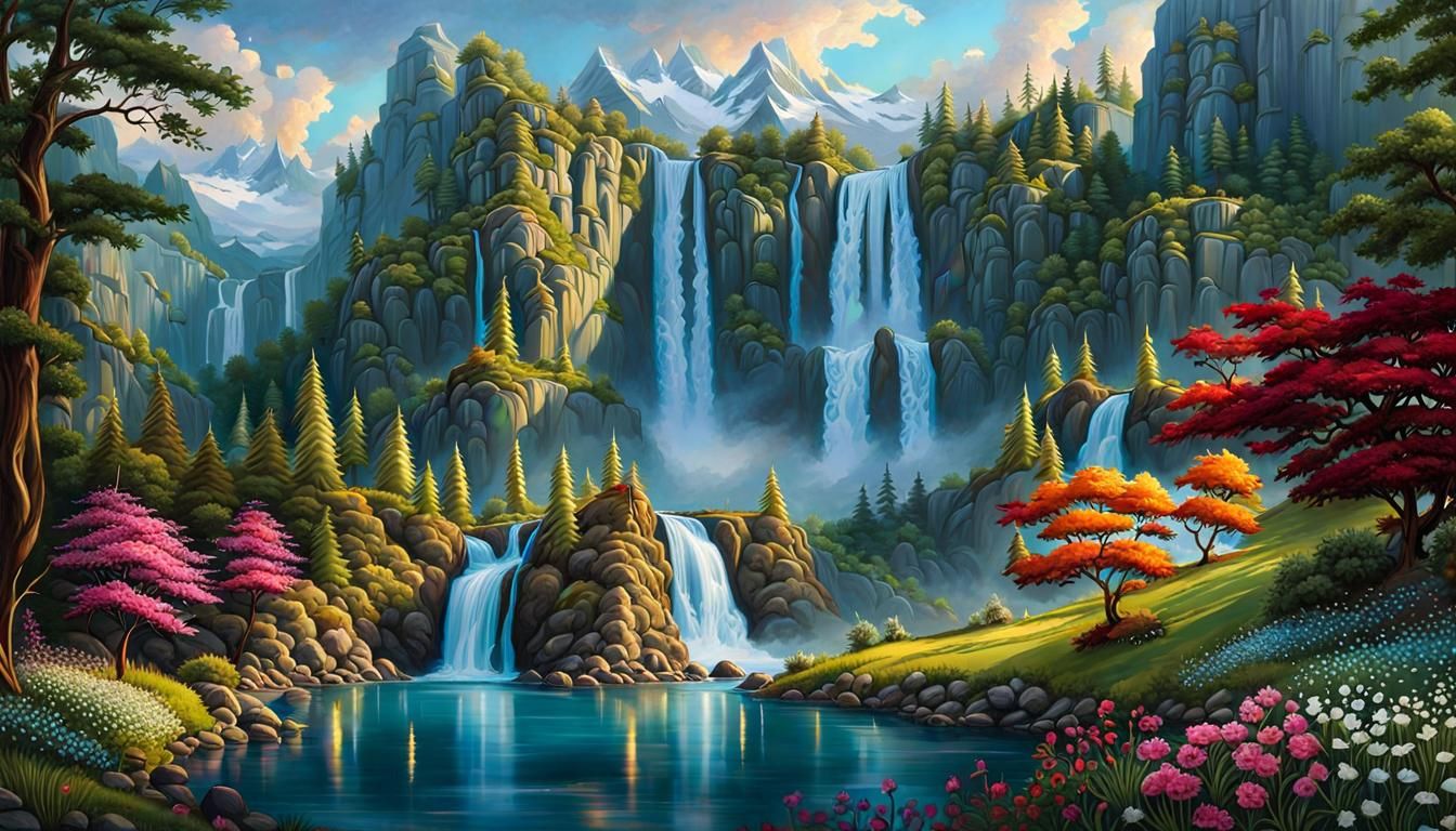 Mother Nature Landscape with Waterfalls in Fantasy Art Style