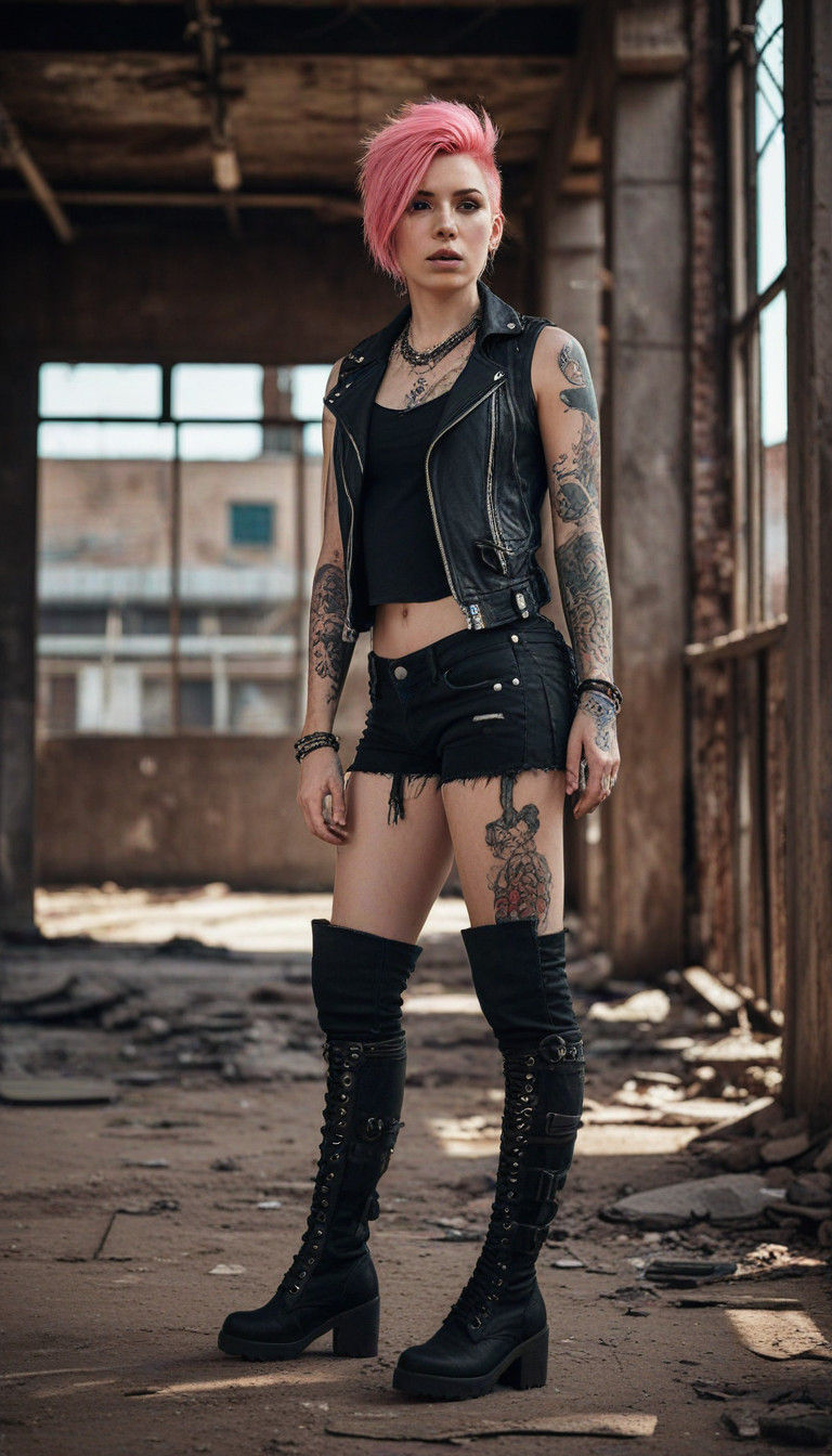 Confident Punk Goddess in Ruins, in Cyberpunk Style