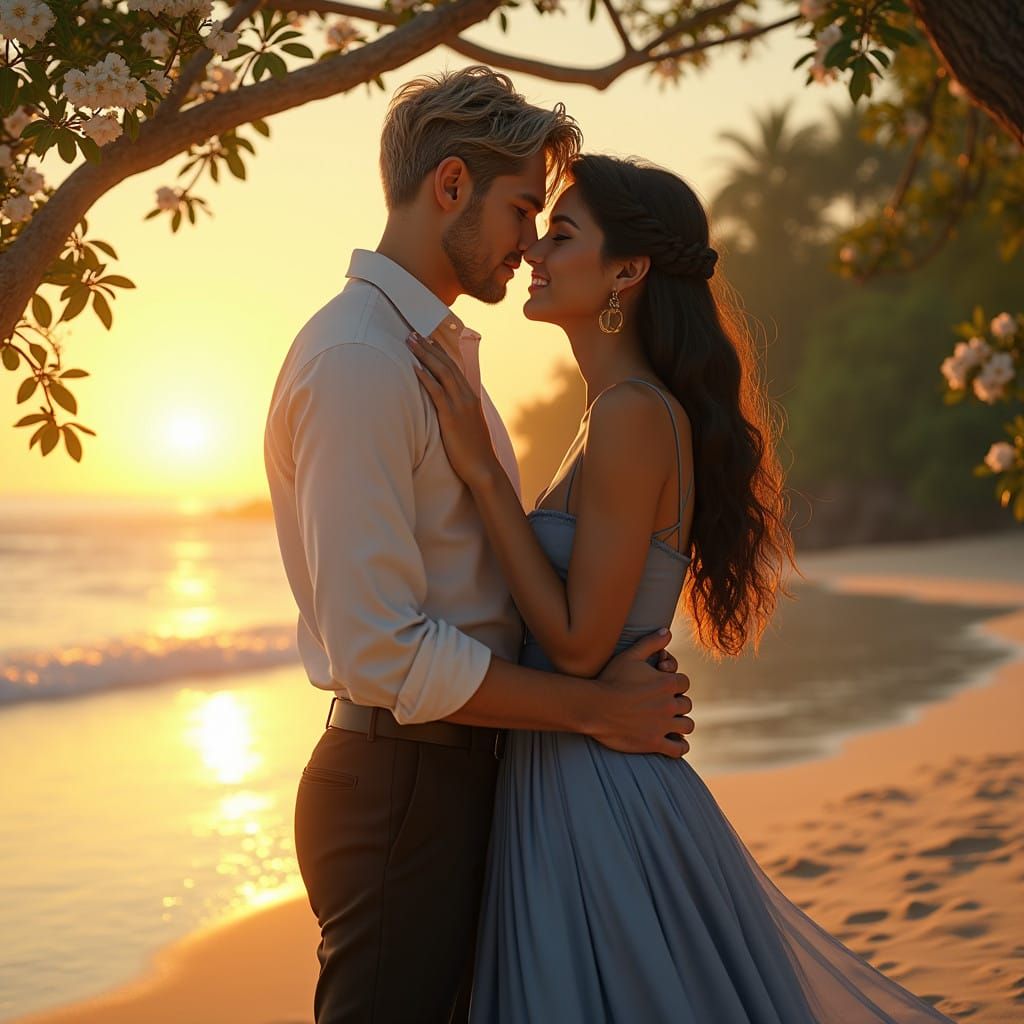 Love on a Golden Beach at Sunset