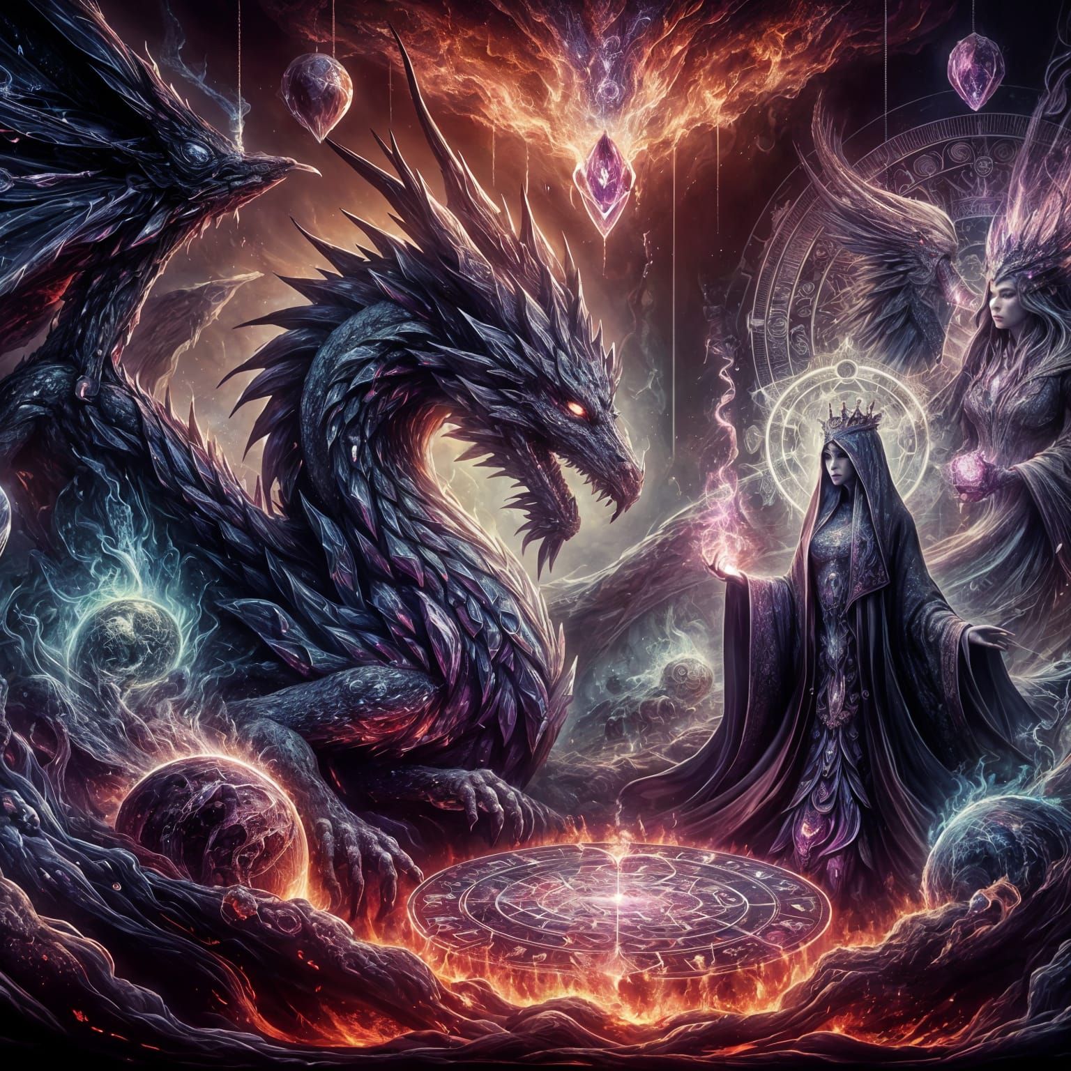 Dragon Guardian Presents Queen Sorceress in Mystical Realm