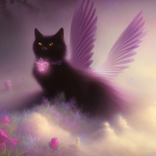 Black cat with purple angel wings& ethereal vibes& innocent vibes& cute vibes& Beautiful background