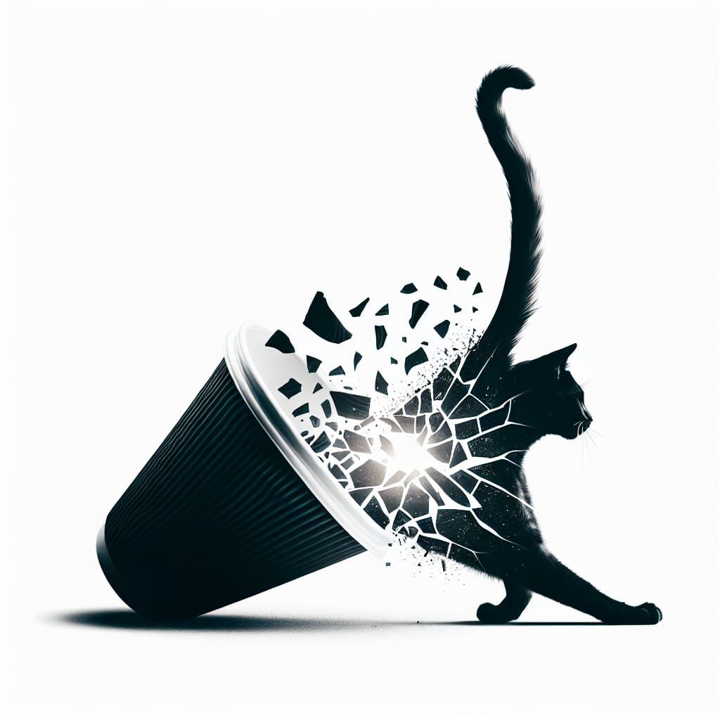 Cat Silhouette Shatters with Shattered Cup