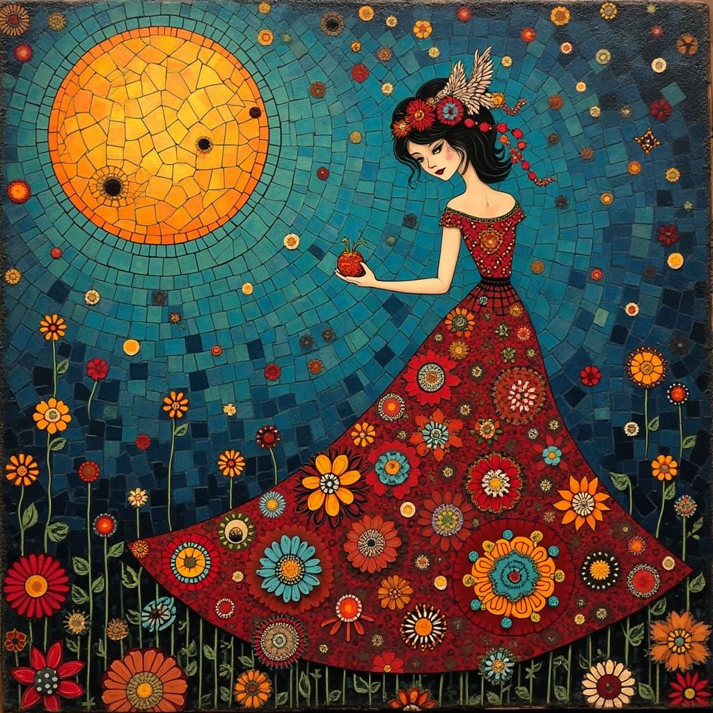 Art Nouveau Woman in Mosaic Landscape, Pointillism Style