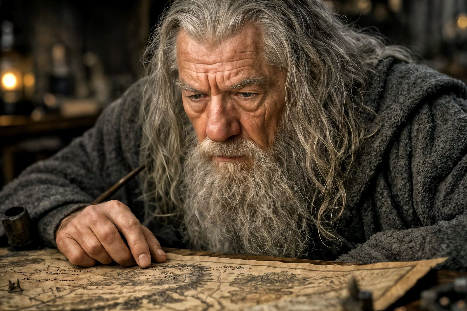 Gandalf Studies Middle-Earth Map in Realistic Photo