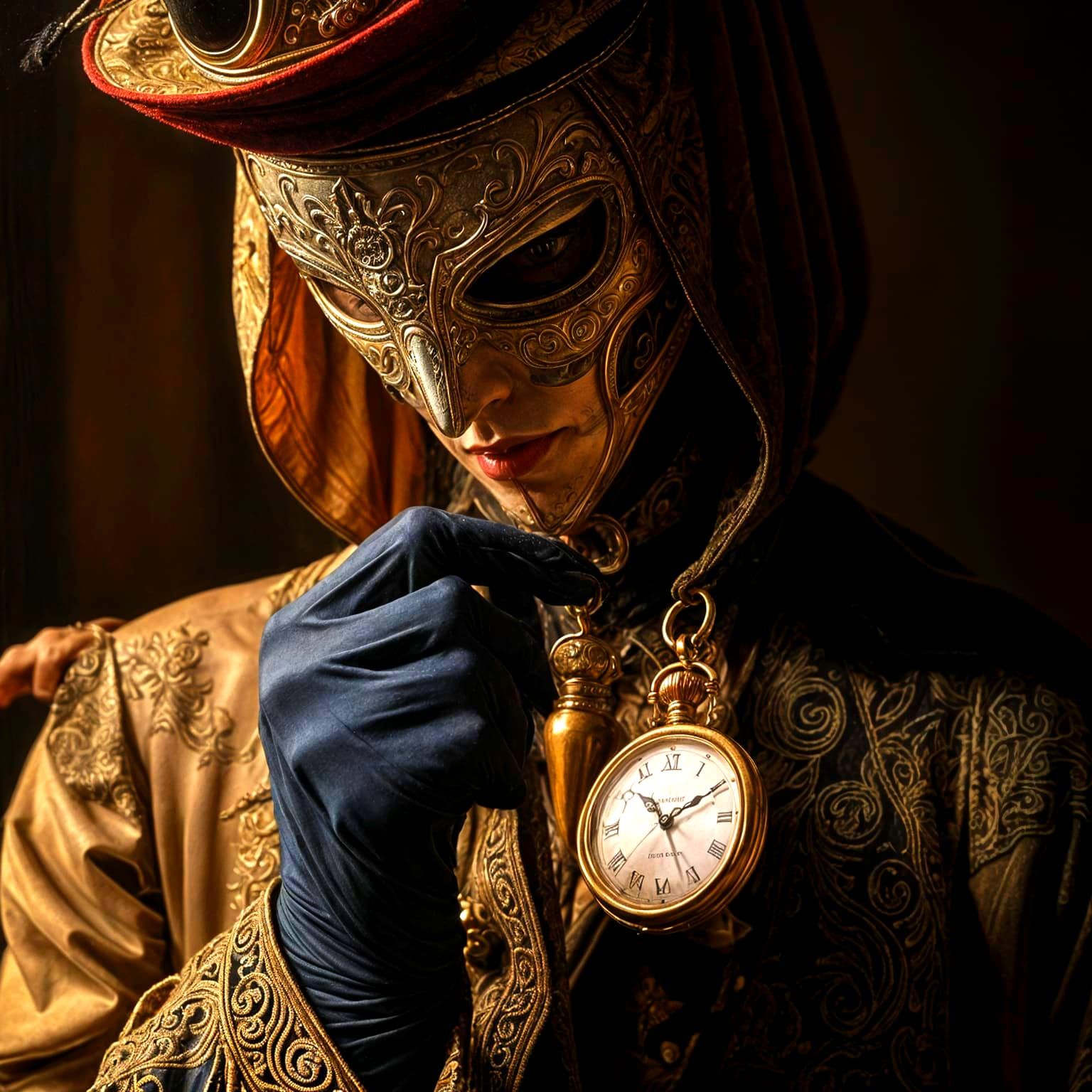 Eerie Masked Circus Performer with Ticking Watch