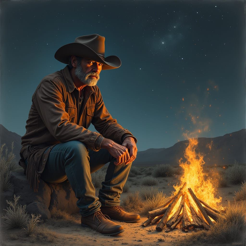 Weathered Cowboy by Campfire Under Desert Sky