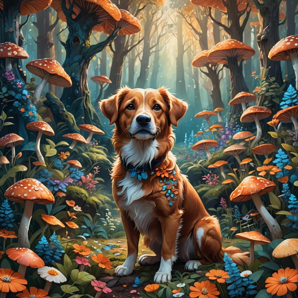 Cute Dog Portrait in Whimsical Fantasy Forest