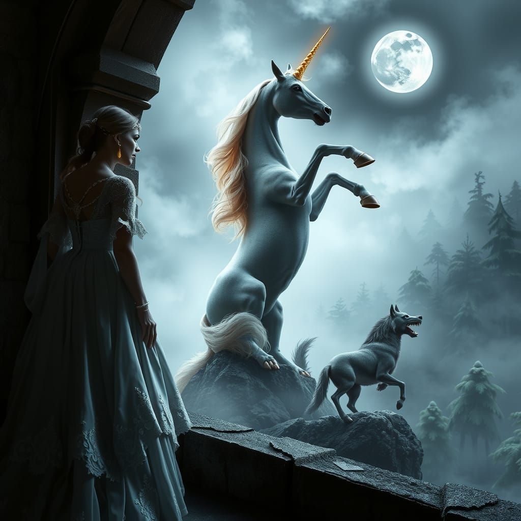Princess Watches Unicorn vs Wolf Battle in Moonlit Forest