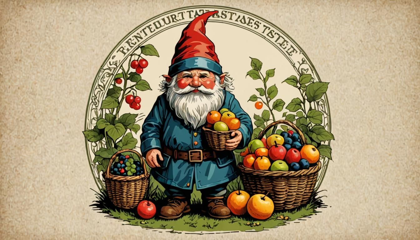 Gnome with Fruit Basket Jelly Label Art