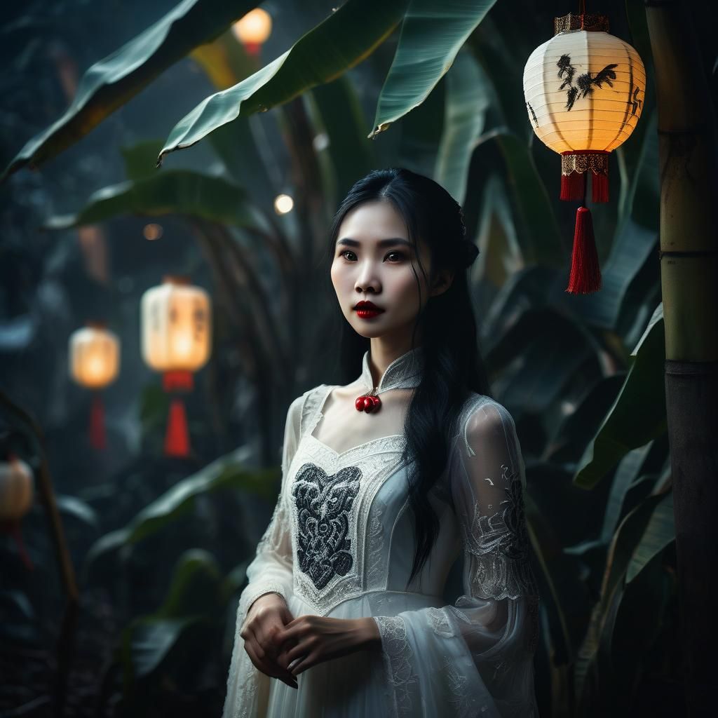 Gothic Asian Vampire in Moonlit Mist