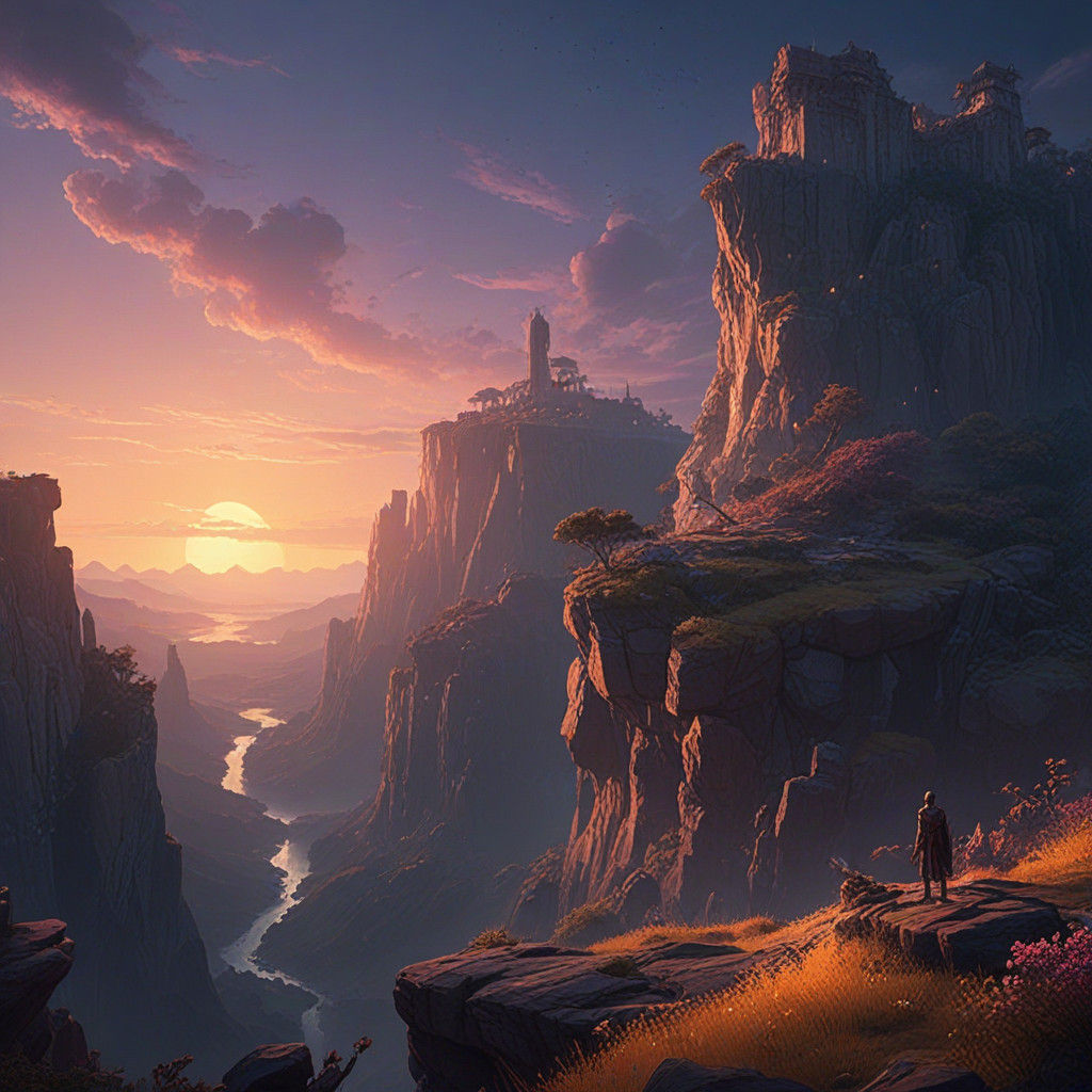 Epic Twilight Scene with Gods and Avatars Standing at the Ed...