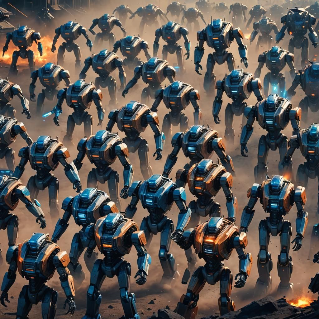 Killer Robot Army in Neon-Lit Sci-Fi Battle