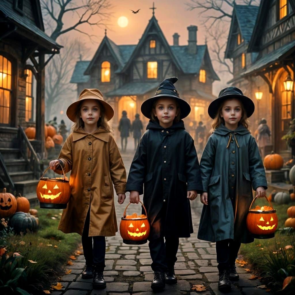 Whimsical Halloween Trick-or-Treaters in Ethereal Light