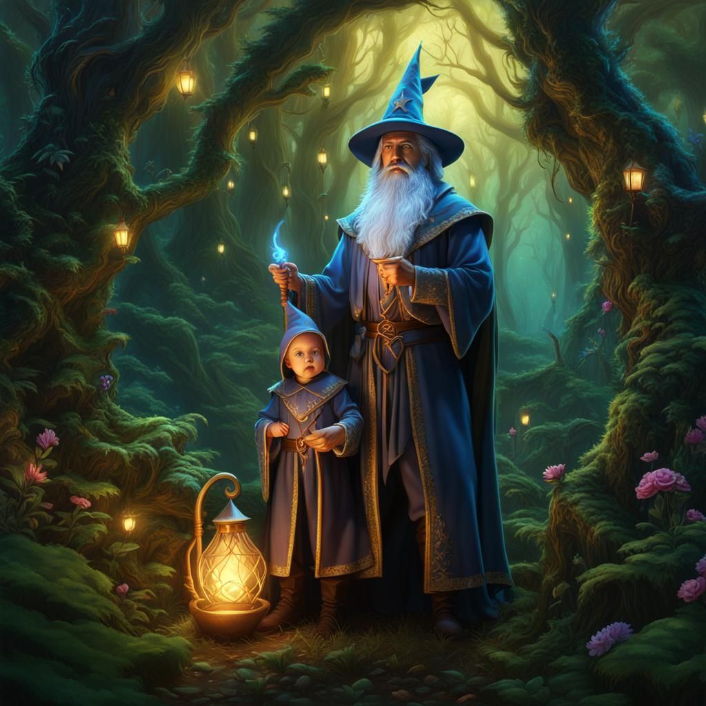 Wizard Dad and Magical Baby in Mystical Forest