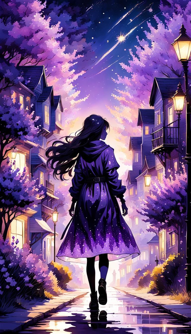 Girl in Lilac Town at Sunset, Alcohol Ink Art