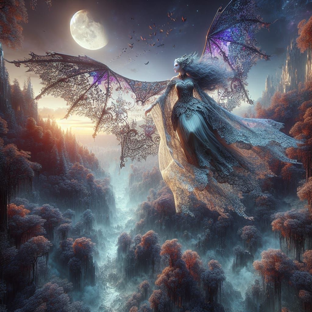 Flying Vampire in Lace Dress Over Forest
