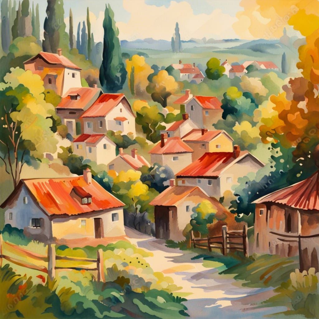 Gouache Style Countryside Village Impressionist Painting