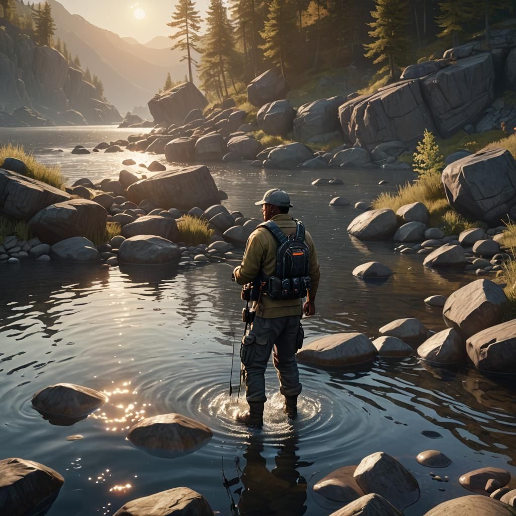 Fisherman Catches Bass at Sunset: 3D Game Art