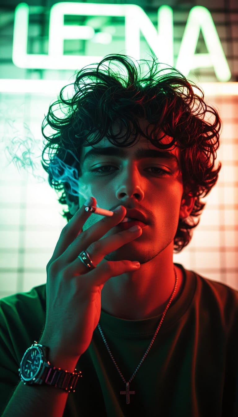 Man Exhaling Smoke Under Neon Green Light
