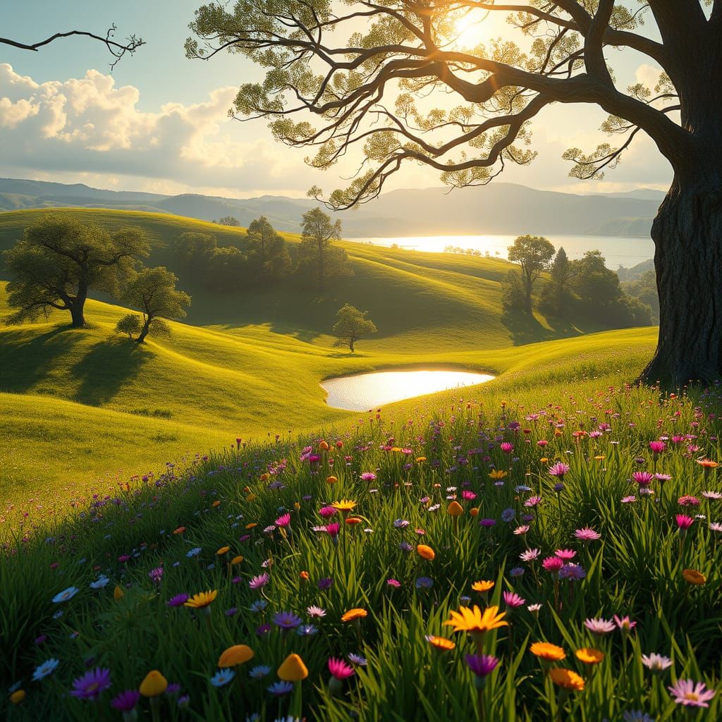 Surreal Summer Landscape with Fantastical Elements