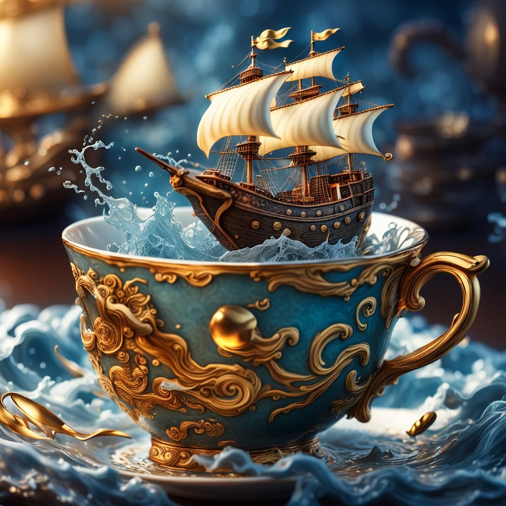 Pirate Ship Storm in Teacup: Digital Art